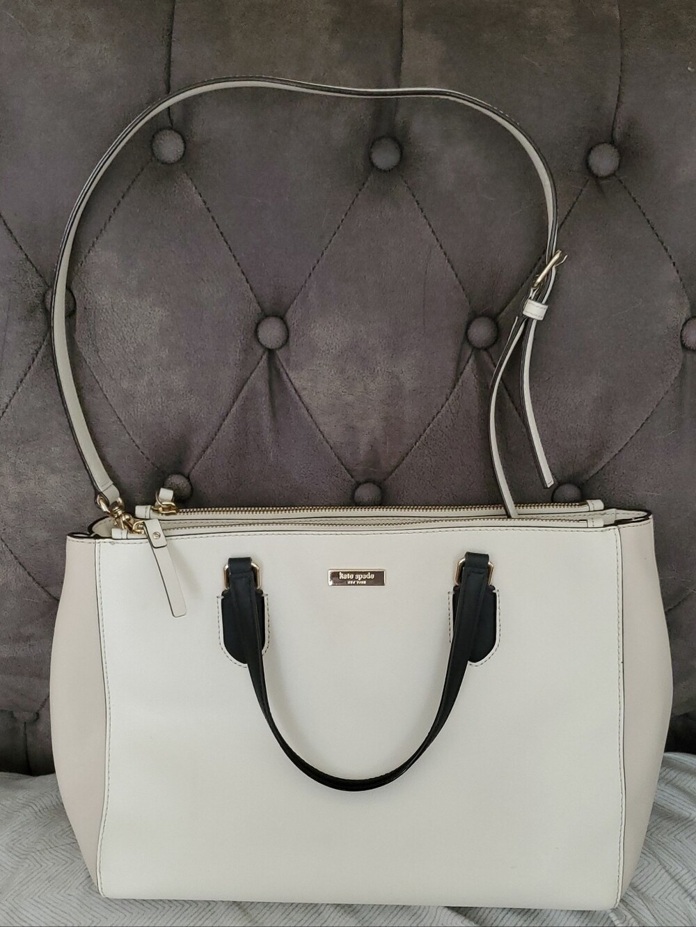 Kate Spade Cedar Street Hayden Cream Black Saffiano Leather Satchel Tote